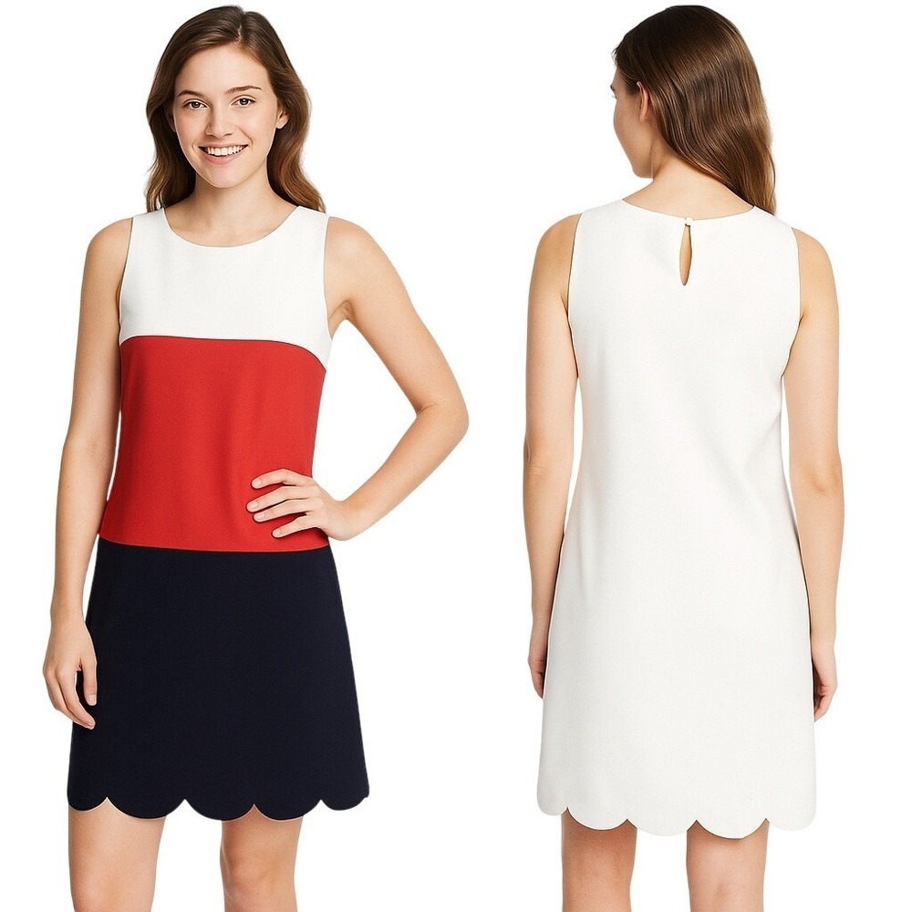 Womens Colorblock Shift Dress Red White Blue Scalloped Nautical Sleeveless